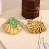 Wholesale Women's Geometric Stainless Steel 18K Goldplated Green Enamel Shell Stud Earrings With Pvd Furnace Vacuum Real Gold Plating