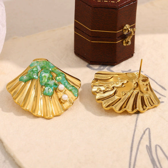 Wholesale Women's Geometric Stainless Steel 18K Goldplated Green Enamel Shell Stud Earrings With Pvd Furnace Vacuum Real Gold Plating