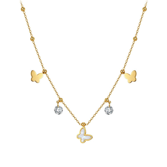 Wholesale Women's Geometric Stainless Steel 18K Goldplated Necklace With Butterfly Design And Diamond Inlay And Calendering Chain