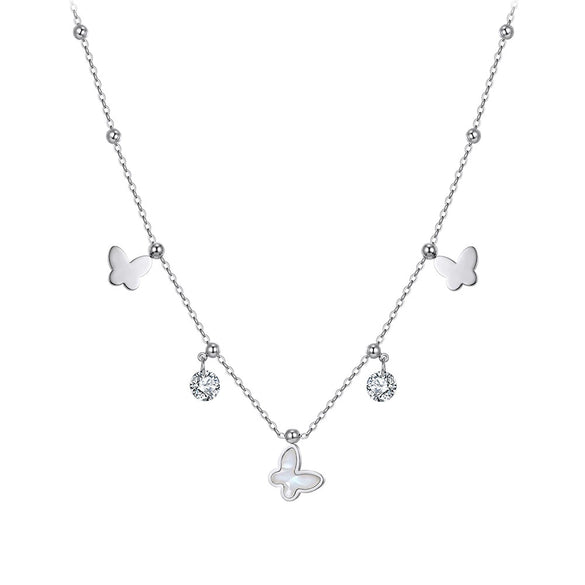 Wholesale Women's Geometric Stainless Steel 18K Goldplated Necklace With Butterfly Design And Diamond Inlay And Calendering Chain
