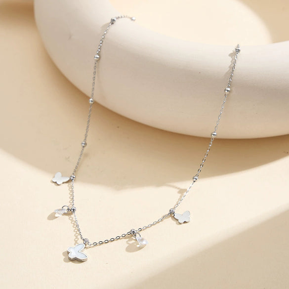 Wholesale Women's Geometric Stainless Steel 18K Goldplated Necklace With Butterfly Design And Diamond Inlay And Calendering Chain