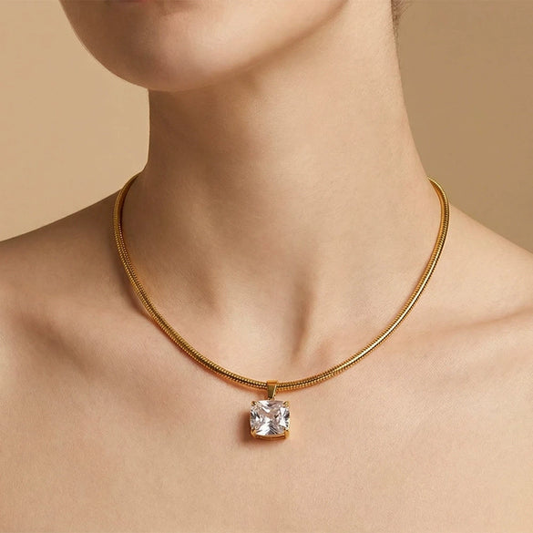 Wholesale Women's Geometric Stainless Steel 18K Goldplated Pendant Necklace With Snake Bone Chain