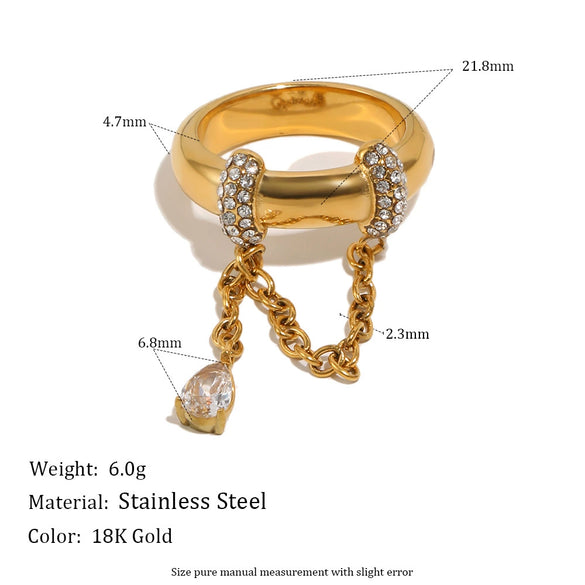 Wholesale Women's Geometric Stainless Steel 18K Goldplated Tassel Chain Water Drop Zircon Ring Niche Style Jewelry
