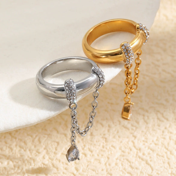 Wholesale Women's Geometric Stainless Steel 18K Goldplated Tassel Chain Water Drop Zircon Ring Niche Style Jewelry