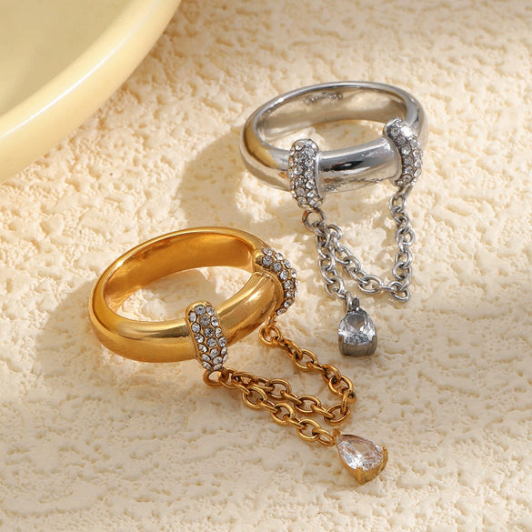 Wholesale Women's Geometric Stainless Steel 18K Goldplated Tassel Chain Water Drop Zircon Ring Niche Style Jewelry
