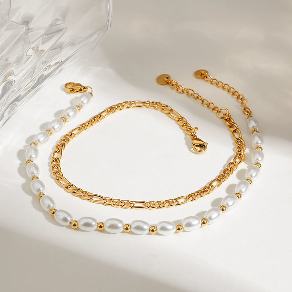 Wholesale Women's Geometric Stainless Steel Pearl Double Anklet Jewelry With Electroplating And Quiet Design Fashion