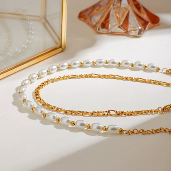 Wholesale Women's Geometric Stainless Steel Pearl Double Anklet Jewelry With Electroplating And Quiet Design Fashion