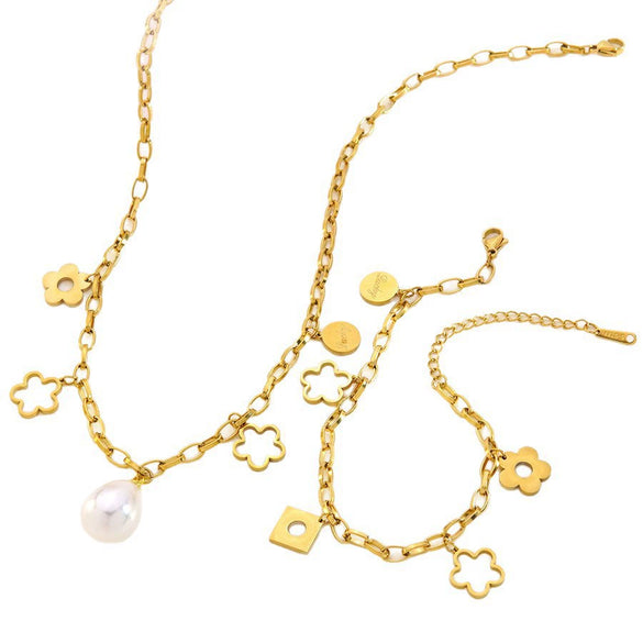 Wholesale Women's Geometric Stainless Steel Pearl Necklace And Floral Bracelet With Electroplating And Paperclip Chain