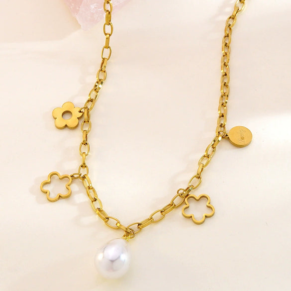 Wholesale Women's Geometric Stainless Steel Pearl Necklace And Floral Bracelet With Electroplating And Paperclip Chain