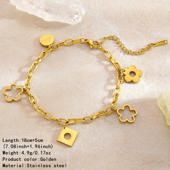 Wholesale Women's Geometric Stainless Steel Pearl Necklace And Floral Bracelet With Electroplating And Paperclip Chain
