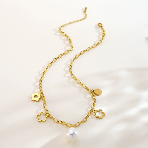 Wholesale Women's Geometric Stainless Steel Pearl Necklace And Floral Bracelet With Electroplating And Paperclip Chain