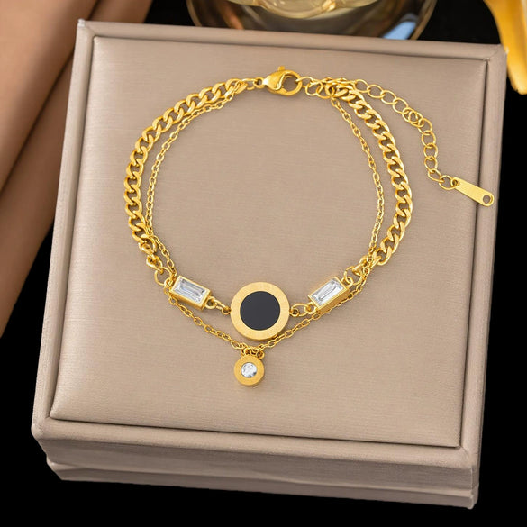 Wholesale Women's Geometric Stainless Steel Real Gold Plated Bracelet With Four Leaf Clover Pendant