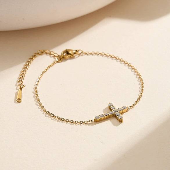 Wholesale Women's Geometric Stainless Steel Real Gold Plated Bracelet With Zirconium Inlaid Cross