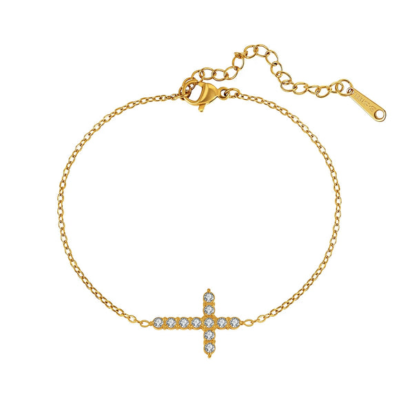 Wholesale Women's Geometric Stainless Steel Real Gold Plated Bracelet With Zirconium Inlaid Cross