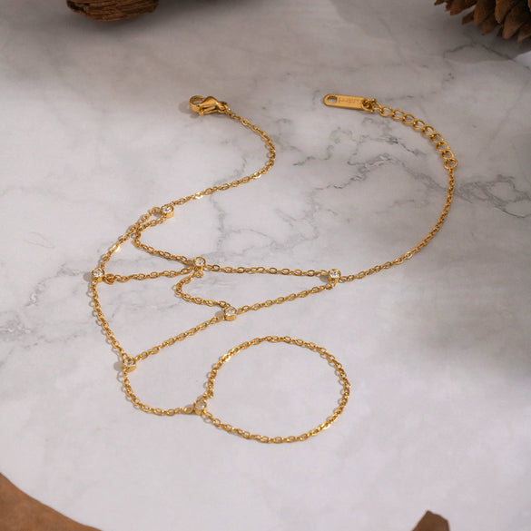 Wholesale Women's Geometric Stainless Steel Real Gold Plated Finger Chain Bracelet Jewelry