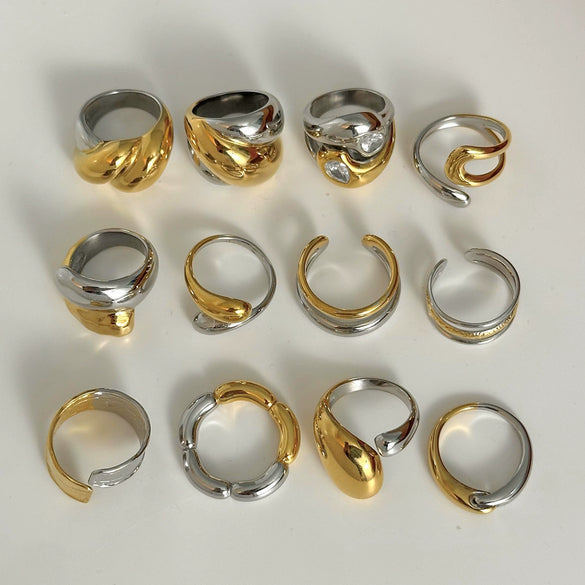 Wholesale Women's Geometric Stainless Steel Ring With Gold And Silver Color Matching Round Diamond And Electroplating Treatment