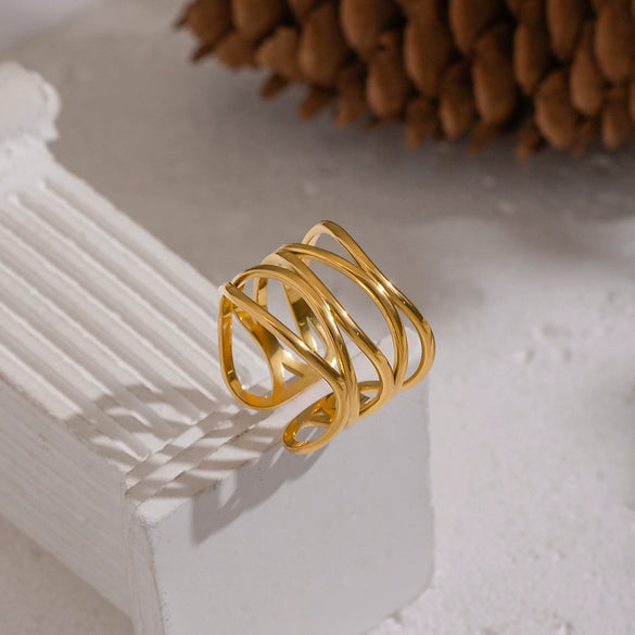 Wholesale Women's Geometric Stainless Steel Ring With Pvd Furnace Vacuum Real Gold Plating