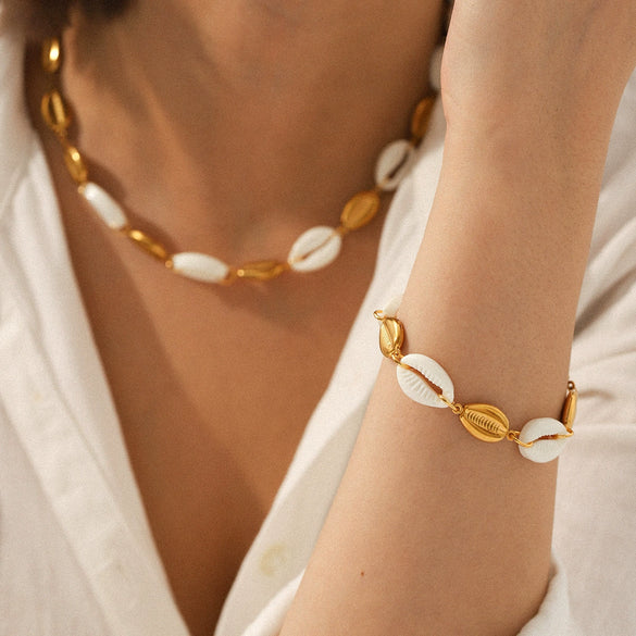 Wholesale Women's Geometric Stainless Steel Shell Electroplated Splicing Chain Necklace And Bracelet Minimalist Jewelry