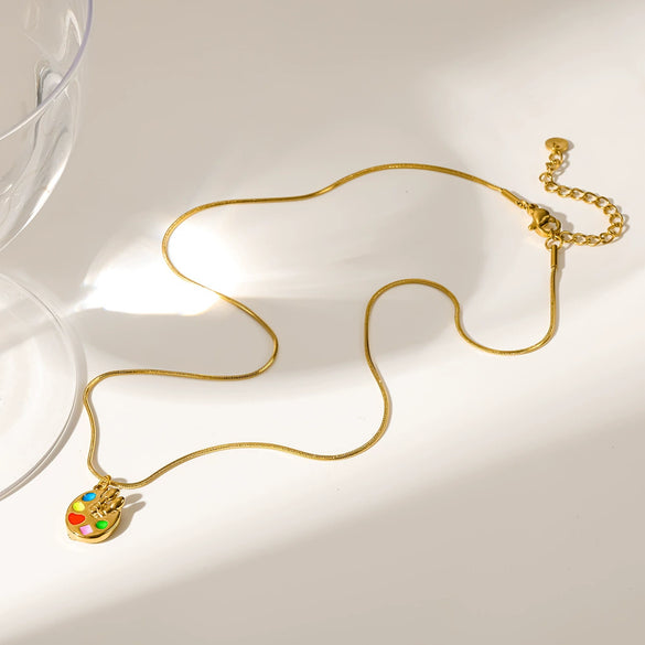 Wholesale Women's Geometric Stainless Steel Snake Bone Chain Necklace With Pvd Furnace Vacuum Real Gold Plating And Colorful Enamel Palette Pendant