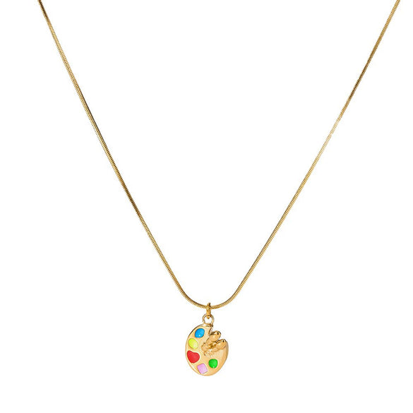 Wholesale Women's Geometric Stainless Steel Snake Bone Chain Necklace With Pvd Furnace Vacuum Real Gold Plating And Colorful Enamel Palette Pendant