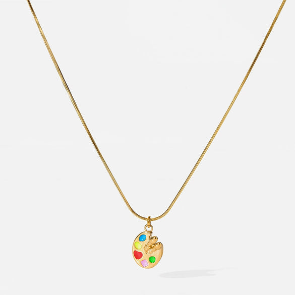 Wholesale Women's Geometric Stainless Steel Snake Bone Chain Necklace With Pvd Furnace Vacuum Real Gold Plating And Colorful Enamel Palette Pendant