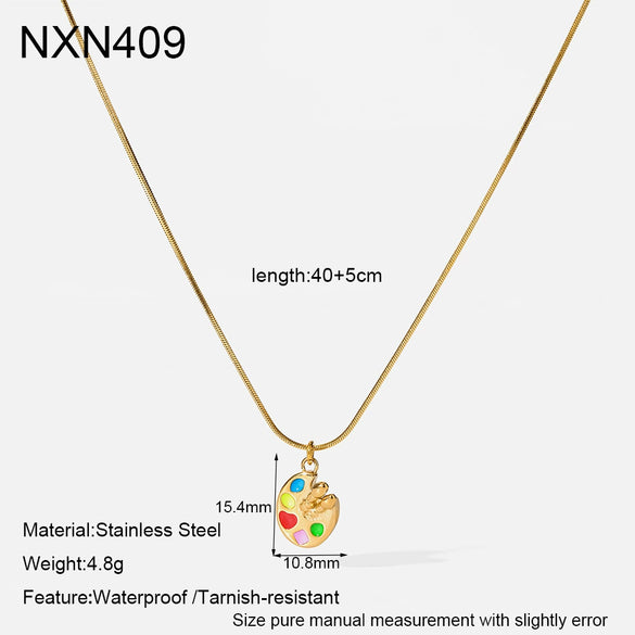 Wholesale Women's Geometric Stainless Steel Snake Bone Chain Necklace With Pvd Furnace Vacuum Real Gold Plating And Colorful Enamel Palette Pendant
