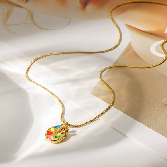 Wholesale Women's Geometric Stainless Steel Snake Bone Chain Necklace With Pvd Furnace Vacuum Real Gold Plating And Colorful Enamel Palette Pendant