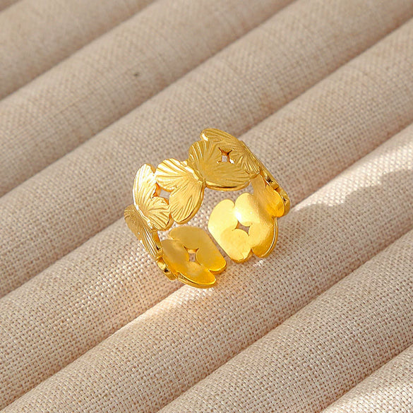 Wholesale Women's Geometric Stainless Steel Titanium Steel Ring With Geometric Plants And Flowers Pattern 18K Gold Electroplated Ins Style