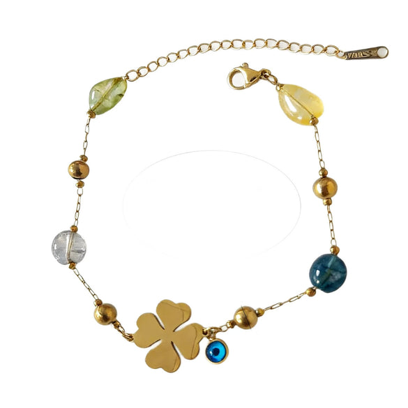 Wholesale Women's Geometric Stainless Steel Vacuum Plated Fourleaf Flower Beaded Bracelet