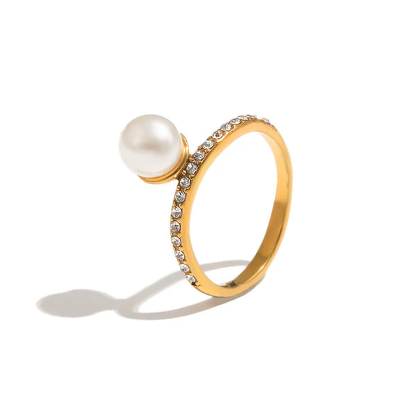 Wholesale Women's Geometric Stainless Steel Vacuum Plated Ring With Highgrade Zircon And Imitation Pearl Niche Jewelry