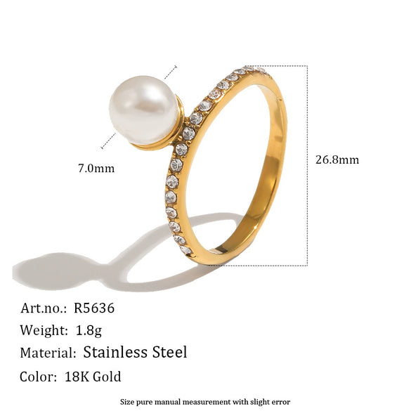 Wholesale Women's Geometric Stainless Steel Vacuum Plated Ring With Highgrade Zircon And Imitation Pearl Niche Jewelry