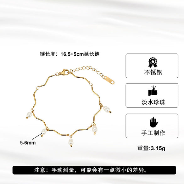 Wholesale Women's Geometric Stainless Steel Vacuum Plated Wave Pearl Bracelet With Original Design