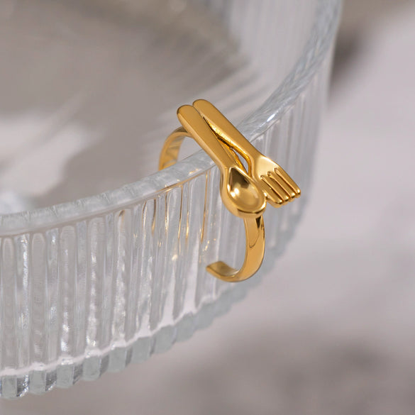 Wholesale Women's Geometric Stainless Steel Vacuum Real Gold Plated Jewelry Open Ring And Tableware Spoons And Forks