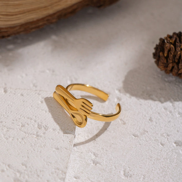 Wholesale Women's Geometric Stainless Steel Vacuum Real Gold Plated Jewelry Open Ring And Tableware Spoons And Forks