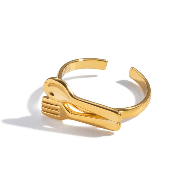 Wholesale Women's Geometric Stainless Steel Vacuum Real Gold Plated Jewelry Open Ring And Tableware Spoons And Forks