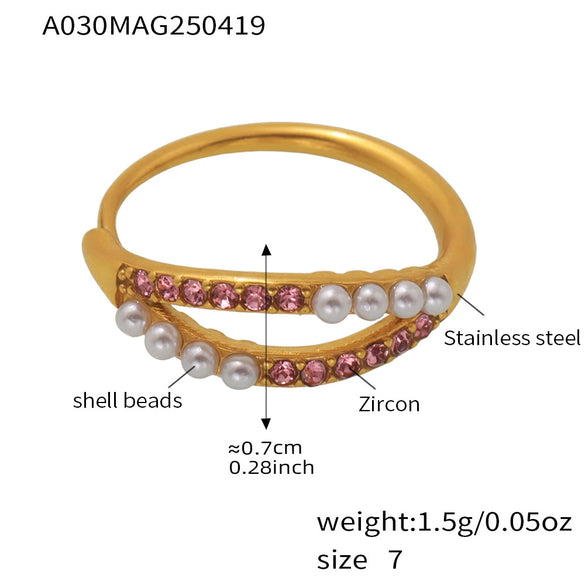 Wholesale Women's Geometric Stainless Steel Zircon Inlaid Pearl Electroplated Adjustable Open Ring Hand Jewelry