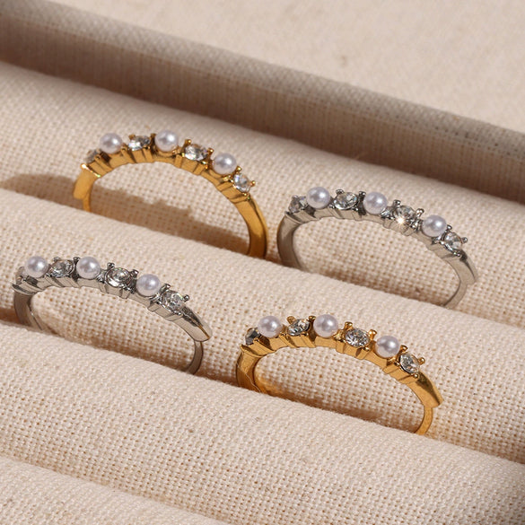 Wholesale Women's Geometric Stainless Steel Zircon Inlaid Pearl Electroplated Adjustable Open Ring Hand Jewelry