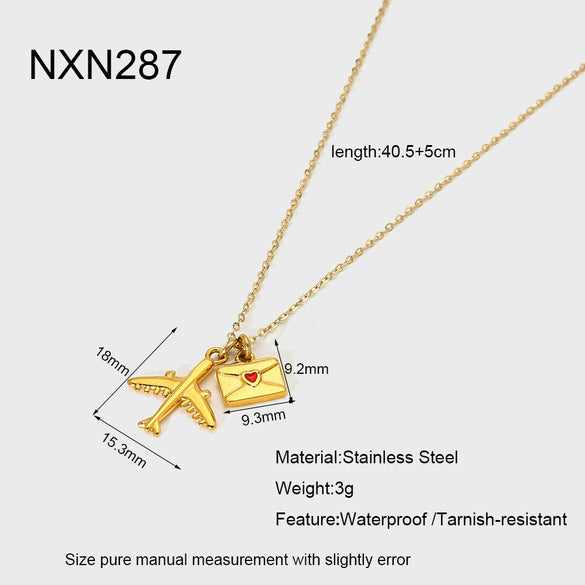 Wholesale Women's Geometric Star Moon Airplane Heart Envelope Pendant Stainless Steel Necklace With 18K Gold Plating And Oshaped Chain
