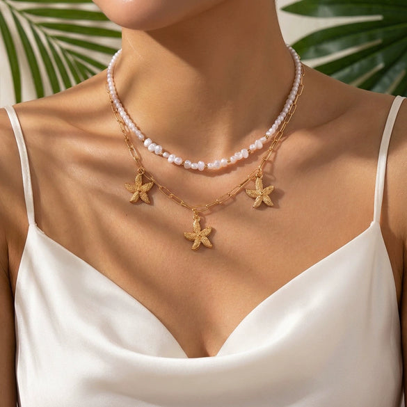 Wholesale Women's Geometric Starfish Pearl Doublelayered Necklace Set Alloy Electroplated Casual Minimalist Style