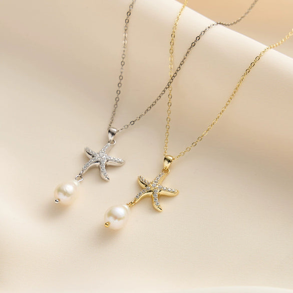 Wholesale Women's Geometric Starfish Pendant Necklace With 3A Zircon And Freshwater Pearl Made Of 925 Sterling Silver With Electroplating