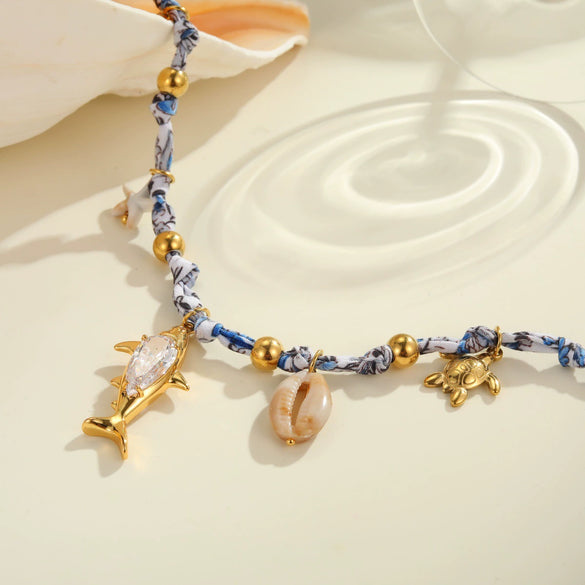 Wholesale Women's Geometric Starfish Shell Handwoven Rope Stainless Steel 18K Electroplated Pendant Necklace