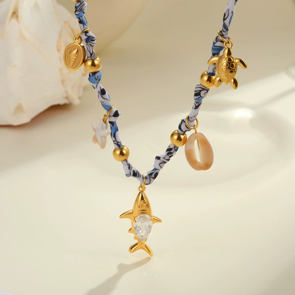 Wholesale Women's Geometric Starfish Shell Handwoven Rope Stainless Steel 18K Electroplated Pendant Necklace