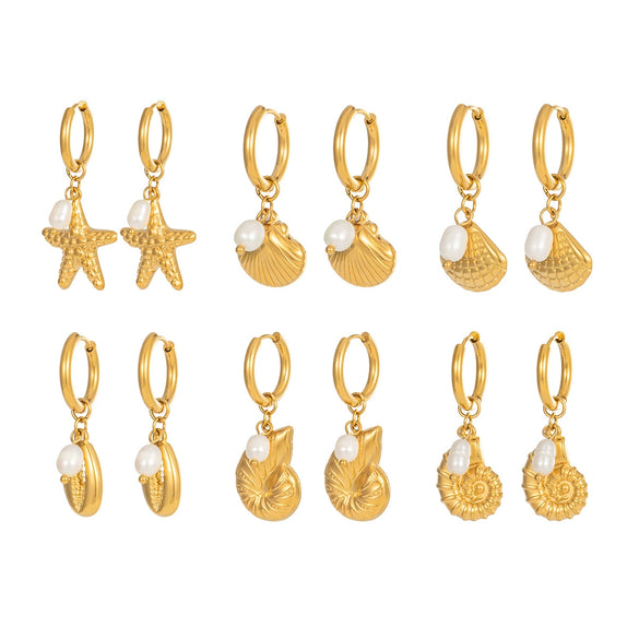 Wholesale Women's Geometric Starfish Shell Pearl Pendant Earrings Stainless Steel Pvd Furnace Vacuum Real Gold Plating
