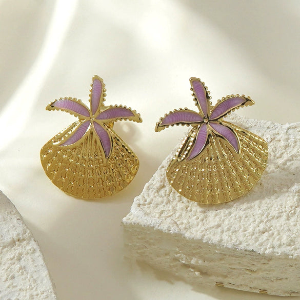 Wholesale Women's Geometric Starfish Shell Stainless Steel Drip Oil Earrings Vacation Style