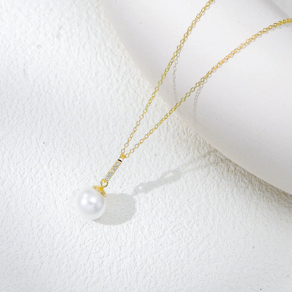 Wholesale Women's Geometric 925 Sterling Silver Diamond Micropaved Zircon Pearl Pendant Cross Chain Necklace