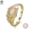 Wholesale Women's Geometric 925 Sterling Silver Ring With Natural Opal Stone And Feather Diamond Hollow Electroplated
