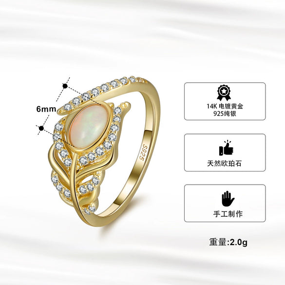 Wholesale Women's Geometric 925 Sterling Silver Ring With Natural Opal Stone And Feather Diamond Hollow Electroplated