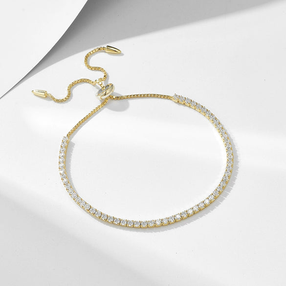 Wholesale Women's Geometric Style S925 Sterling Silver Bracelet With Single Row Full Diamond 2Mm Round Zircon Pull Adjustable
