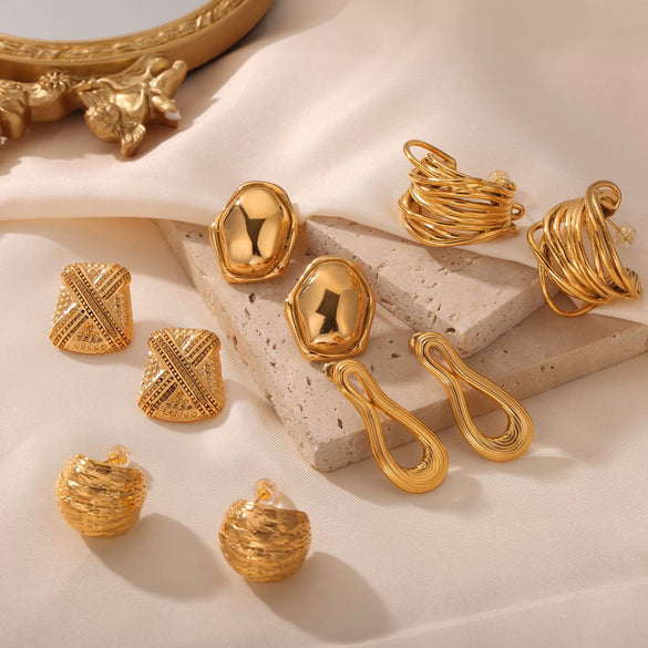 Wholesale Women's Geometric Style 316L Stainless Steel 18K Gold Plated Multilayer Line Texture Stitching Earrings