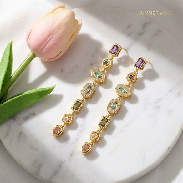 Wholesale Women's Geometric Tassel Titanium Steel Necklace And Earrings With Zircon Inlay Electroplated